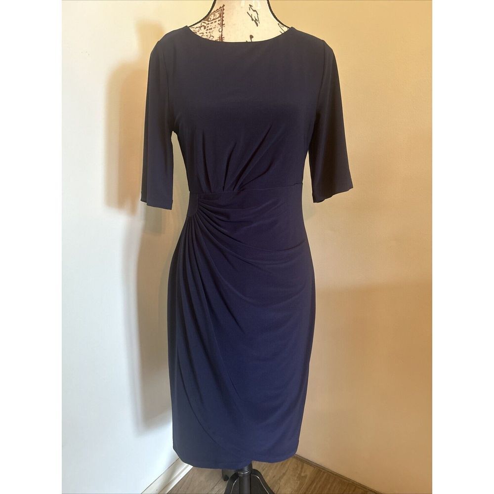 Signature Sadie Blue Faux Wrap Ruched Stretch Dress‎ 4 Wedding Event Classic
